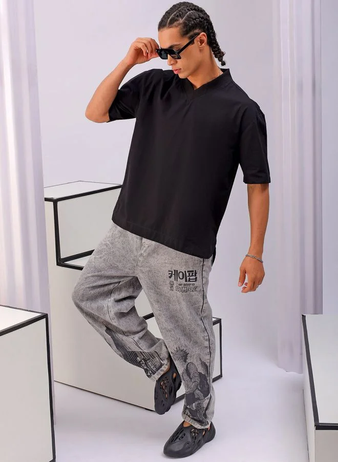 The Indian Garage Co Men Boxy Fit Solid Half Sleeves V-Neck Street Wear Shirt