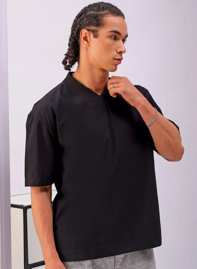 The Indian Garage Co Men Boxy Fit Solid Half Sleeves V-Neck Street Wear Shirt