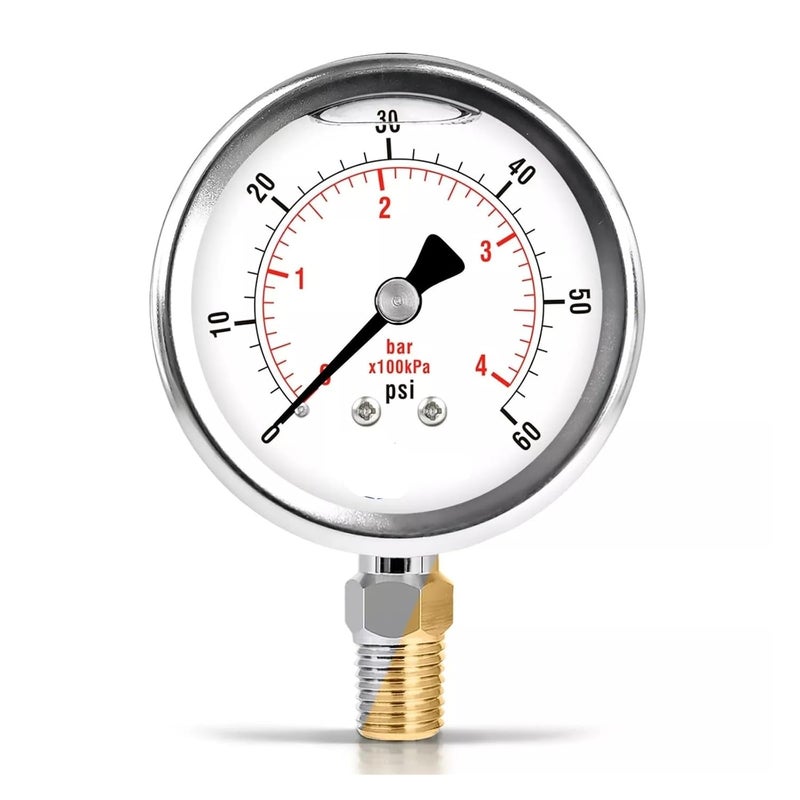 2-1/2" Pressure Gauge, Stainless Steel Case, Liquid Filled, Reduced MNT 60 PSI - - Image 1