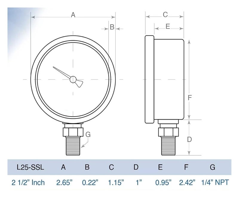 2-1/2" Pressure Gauge, Stainless Steel Case, Liquid Filled, Reduced MNT 60 PSI - - Image 2