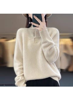 Generic New Chinese Style Knitwear Pullover Sweater Womens High-End Feel Stylish Pure Wool Knit Base Layer Crew Neck Pattern Off-white  - Image 1
