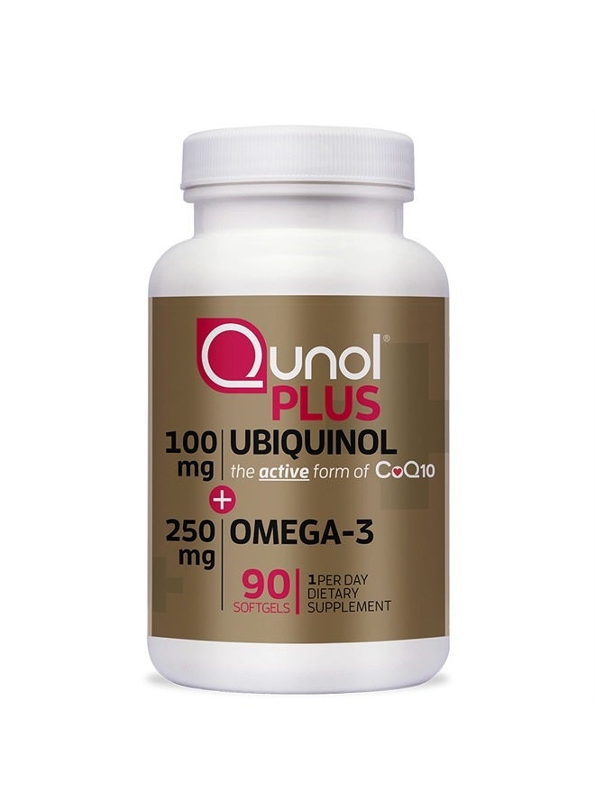 Qunol Plus Ubiquinol CoQ10 100mg, with Omega 3 Fish Oil 250mg, Extra Strength, Antioxidant for Heart & Vascular Health, Natural Supplement for Energy Production, Active Form of Coq10, 90 Count - Image 1