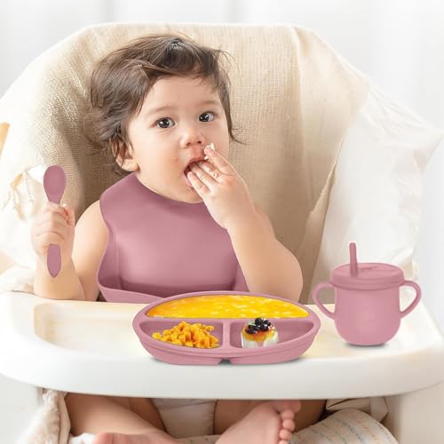 Dormlony 100% Silicone Baby Feeding Set,BPA Free Baby Dishes Set with Suction Bowl Divided Plate,Toddler Self Feeding Dish Set with Spoons Forks Sippy Cup and Bib, Baby Eating Utensils (Coral) - Image 2