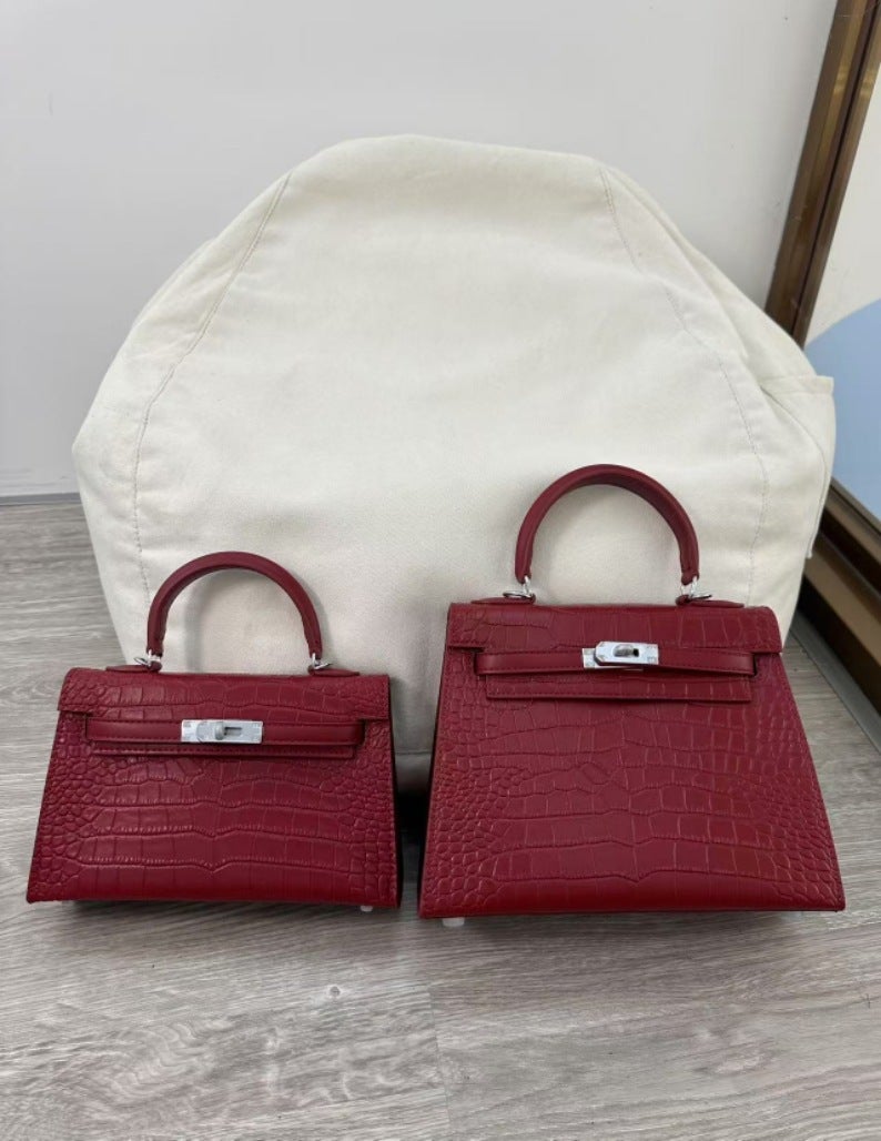 Crocodile pattern silver buckle Kelly bag 2024 European and American new classic fashion large capacity handbag shoulder bag messenger bag Black large - Image 3