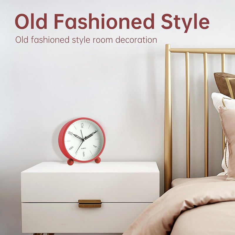 Jall Analog Alarm Clock, 4 inch Super Silent Non Ticking Small Clock with Night Light, Battery Operated, Simple Design, Old Fashioned Style Wine-red Decor, for Bedroom, Bedside, Desk, Adult, Kid, Gift, Red - Image 5