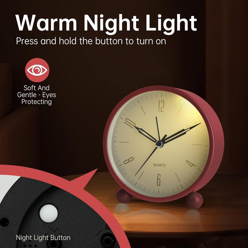Jall Analog Alarm Clock, 4 inch Super Silent Non Ticking Small Clock with Night Light, Battery Operated, Simple Design, Old Fashioned Style Wine-red Decor, for Bedroom, Bedside, Desk, Adult, Kid, Gift, Red - Image 4