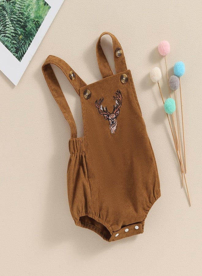 Pudcoco Toddler Baby Boys Girls Corduroy Deer Romper Sleeveless Embroidered Antler Hunting Overalls Clothes (Khaki, 3-6 Months) - Image 2