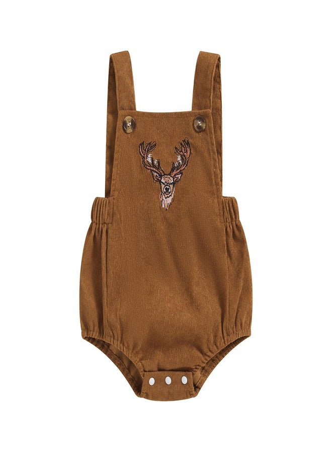 Pudcoco Toddler Baby Boys Girls Corduroy Deer Romper Sleeveless Embroidered Antler Hunting Overalls Clothes (Khaki, 3-6 Months) - Image 1