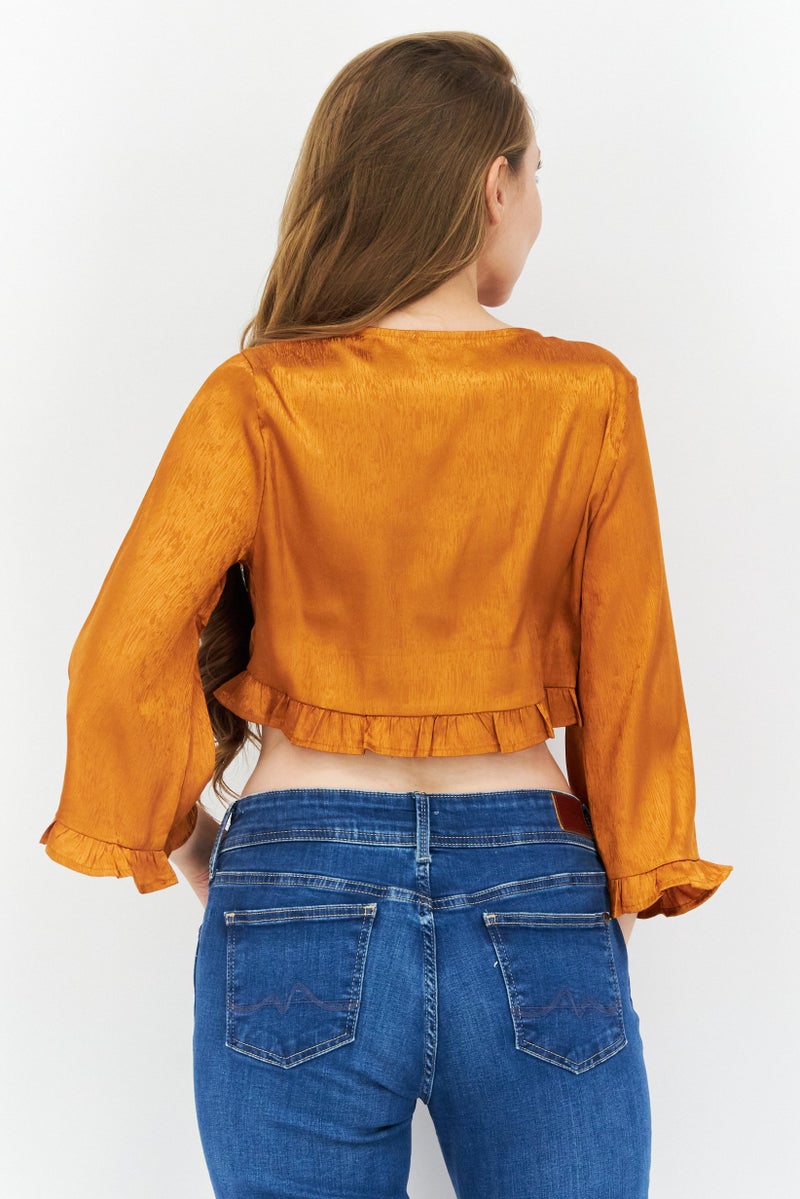 Endless Blu Women V Neck Long Sleeve Textured Crop Top, Brown - Image 3