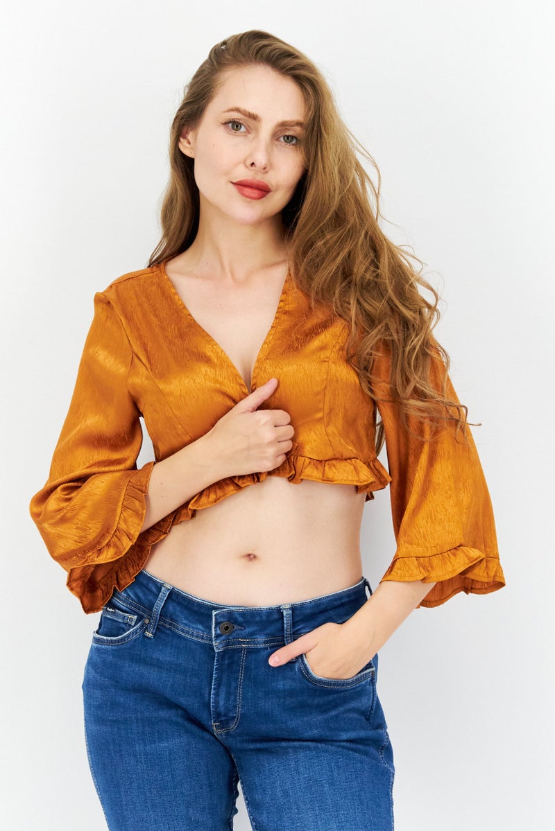 Endless Blu Women V Neck Long Sleeve Textured Crop Top, Brown - Image 1