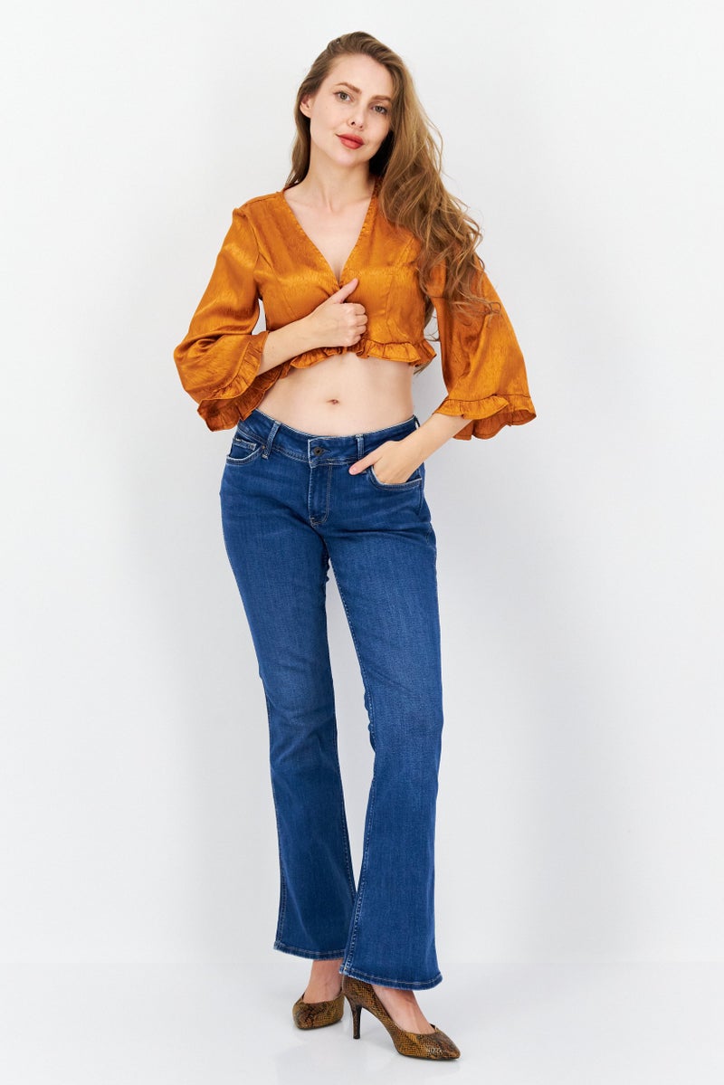 Endless Blu Women V Neck Long Sleeve Textured Crop Top, Brown - Image 4