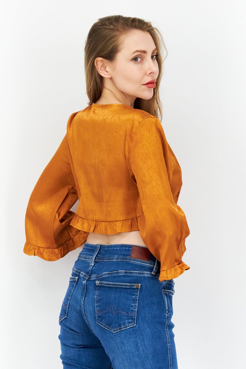 Endless Blu Women V Neck Long Sleeve Textured Crop Top, Brown - Image 2