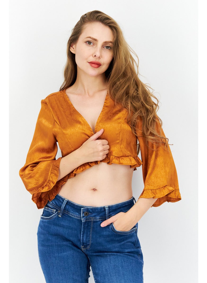 Women V Neck Long Sleeve Textured Crop Top, Brown - pzsku/Z3B390738AF704F5D6395Z/45/_/1727187762/c295acb9-ce06-479e-ae97-16c217041a4c