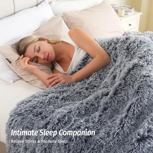 Wemore Shaggy Long Fur Faux Fur Weighted Blanket, Cozy and Plush Sherpa Long Hair Blanket for Adult 15lbs, Fluffy Fuzzy Sherpa Reverse Heavy Blanket for Bed, Couch, Backprint Navy Blue, 48 x 72 Inches - Image 2