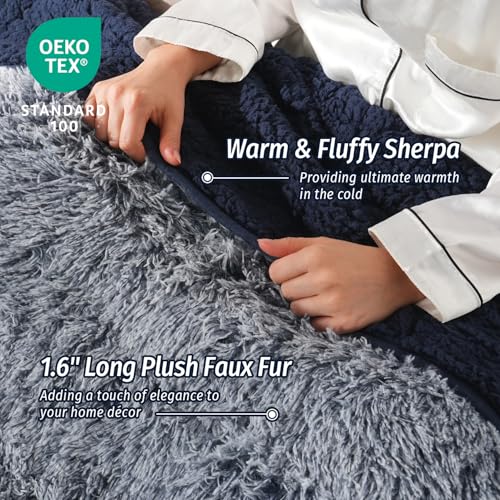 Wemore Shaggy Long Fur Faux Fur Weighted Blanket, Cozy and Plush Sherpa Long Hair Blanket for Adult 15lbs, Fluffy Fuzzy Sherpa Reverse Heavy Blanket for Bed, Couch, Backprint Navy Blue, 48 x 72 Inches - Image 4