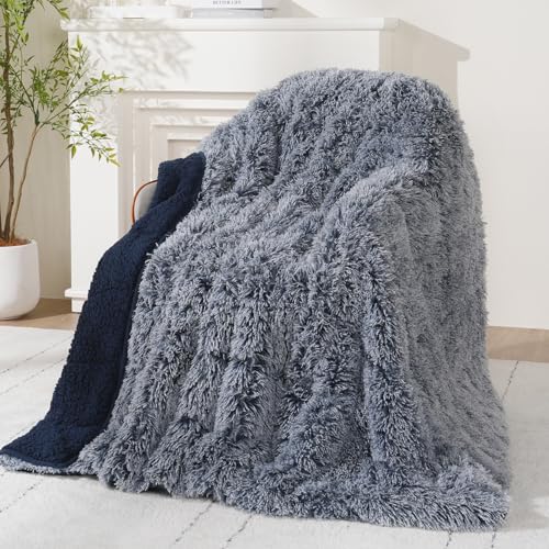 Wemore Shaggy Long Fur Faux Fur Weighted Blanket, Cozy and Plush Sherpa Long Hair Blanket for Adult 15lbs, Fluffy Fuzzy Sherpa Reverse Heavy Blanket for Bed, Couch, Backprint Navy Blue, 48 x 72 Inches - Image 1