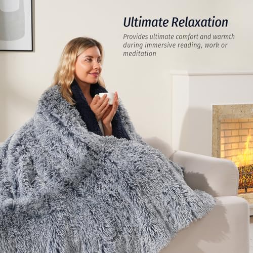 Wemore Shaggy Long Fur Faux Fur Weighted Blanket, Cozy and Plush Sherpa Long Hair Blanket for Adult 15lbs, Fluffy Fuzzy Sherpa Reverse Heavy Blanket for Bed, Couch, Backprint Navy Blue, 48 x 72 Inches - Image 3