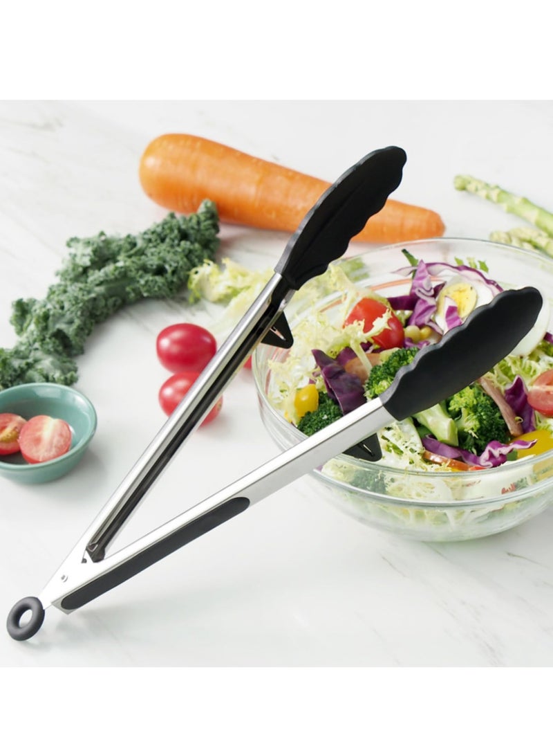 Hoasis Silicone Kitchen Tongs, 3Pcs Tongs for Cooking with Silicone Tips, Food Grade Small Tong, Mini Serving Tong for BBQ Salad, Black, 7"+9"+12" - Image 3