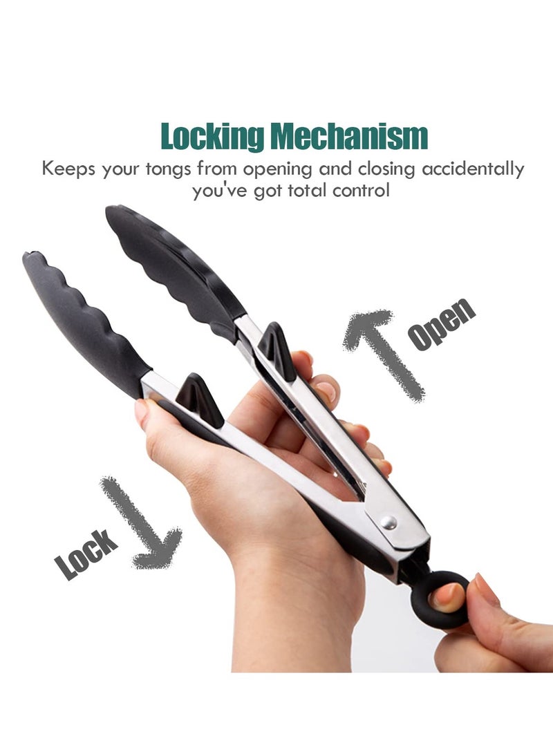 Hoasis Silicone Kitchen Tongs, 3Pcs Tongs for Cooking with Silicone Tips, Food Grade Small Tong, Mini Serving Tong for BBQ Salad, Black, 7"+9"+12" - Image 2