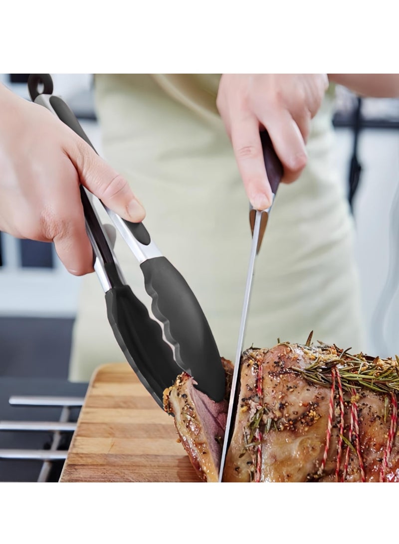 Hoasis Silicone Kitchen Tongs, 3Pcs Tongs for Cooking with Silicone Tips, Food Grade Small Tong, Mini Serving Tong for BBQ Salad, Black, 7"+9"+12" - Image 4