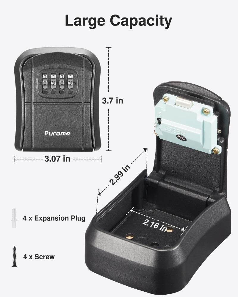 Puroma Key Lock Box Combination Lockbox Wall-Mounted Key Storage Box for House Keys, Resettable Code Safe Security Lock Box for Home, Office, Garage, Apartment Spare Key Storage (1 Pack, Black) - Image 2