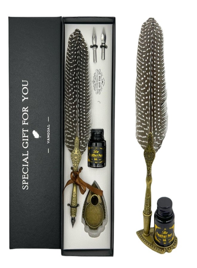 VANGOAL Vintage Feather Pen and Ink Set, Classic Series Pheasant Quill Pen with Carving Pen Stand, Calligraphy Pen Nibs, Black Dip Pen Ink, Antique Writing Gift for Writer - Image 1