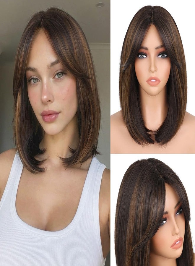 Lady Miranda 12 Inch Bob Wig with Curtain Bangs Short Straight Mixed Brown Bob Wig with Bangs Natural-Looking Synthetic Wig Daily Wear and Go Wigs for Women (Mixed Brown) - Image 1