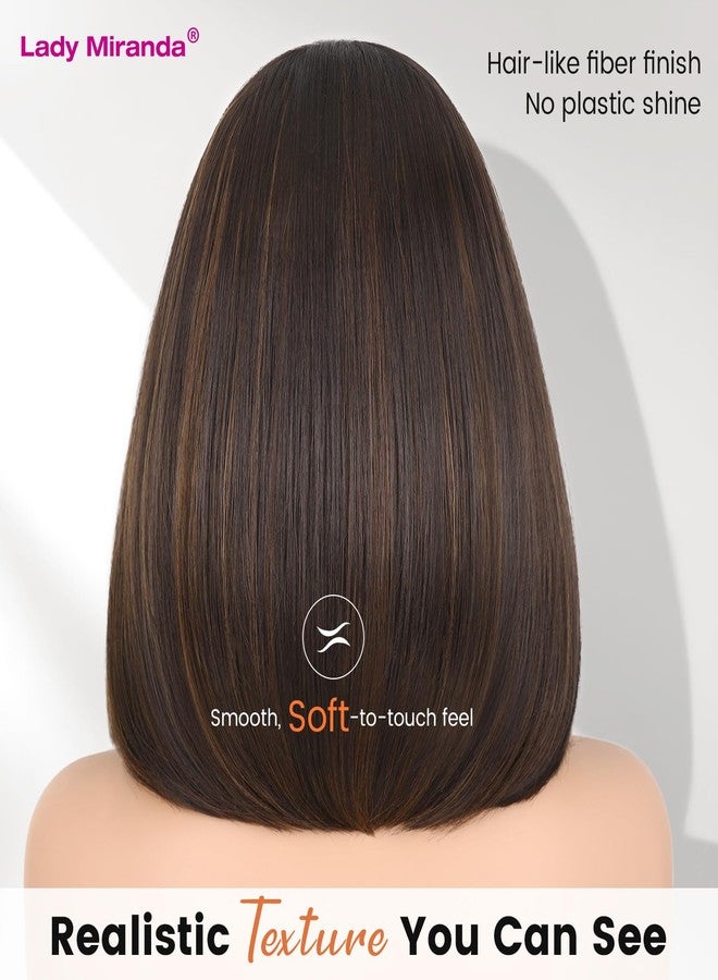 Lady Miranda 12 Inch Bob Wig with Curtain Bangs Short Straight Mixed Brown Bob Wig with Bangs Natural-Looking Synthetic Wig Daily Wear and Go Wigs for Women (Mixed Brown) - Image 3