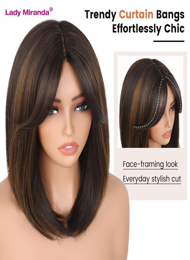 Lady Miranda 12 Inch Bob Wig with Curtain Bangs Short Straight Mixed Brown Bob Wig with Bangs Natural-Looking Synthetic Wig Daily Wear and Go Wigs for Women (Mixed Brown) - Image 2