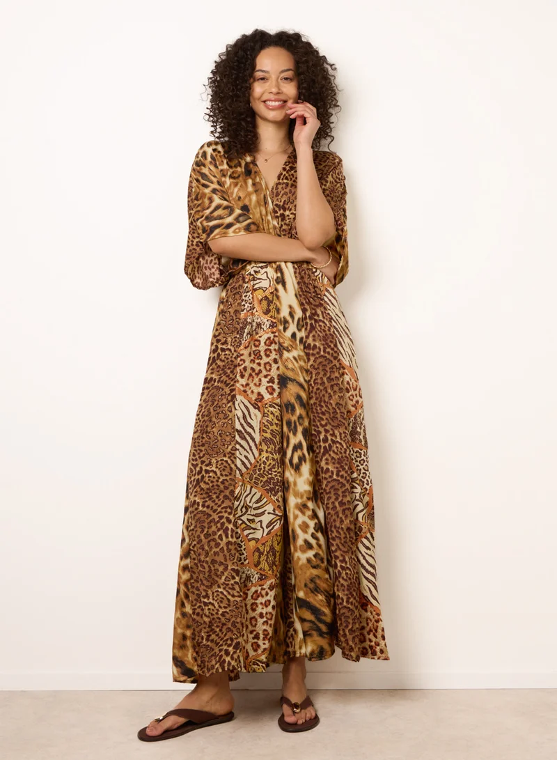 بلو فانيلا Animal Print Wide Leg Cross Over Jumpsuit