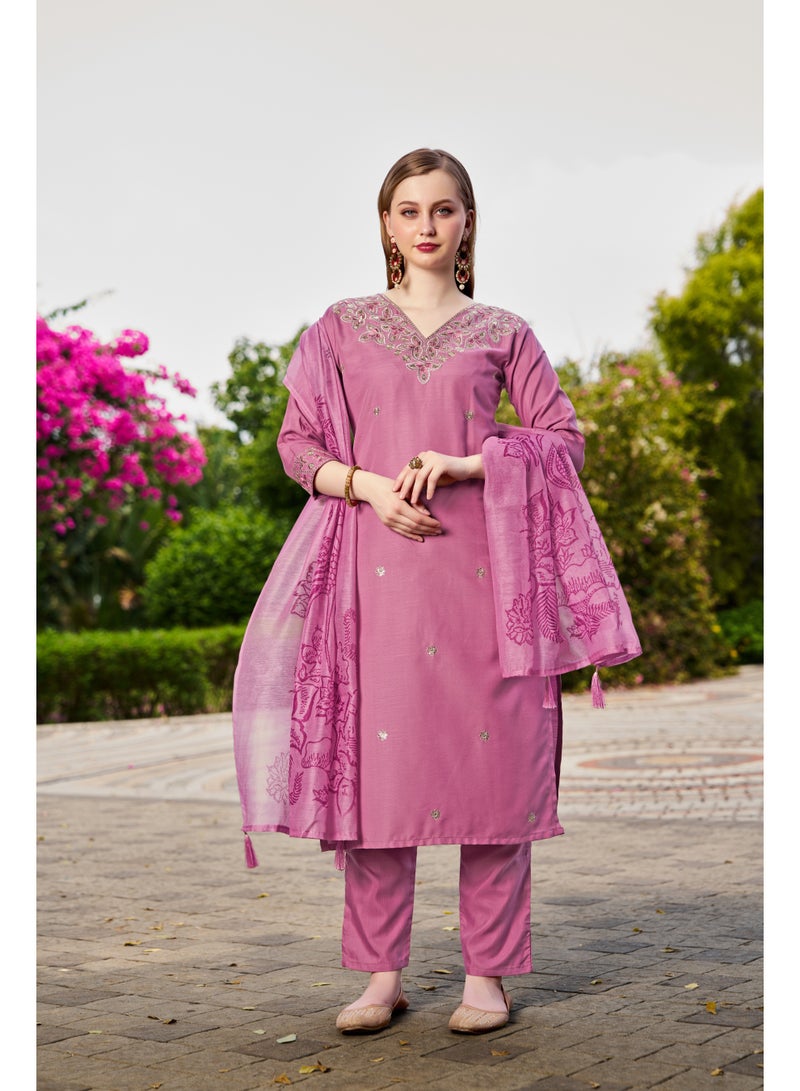 VISHVA CREATION Embroidered Lavender Kurta Suit Set for Women - Image 2