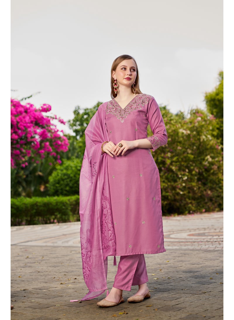 VISHVA CREATION Embroidered Lavender Kurta Suit Set for Women - Image 1