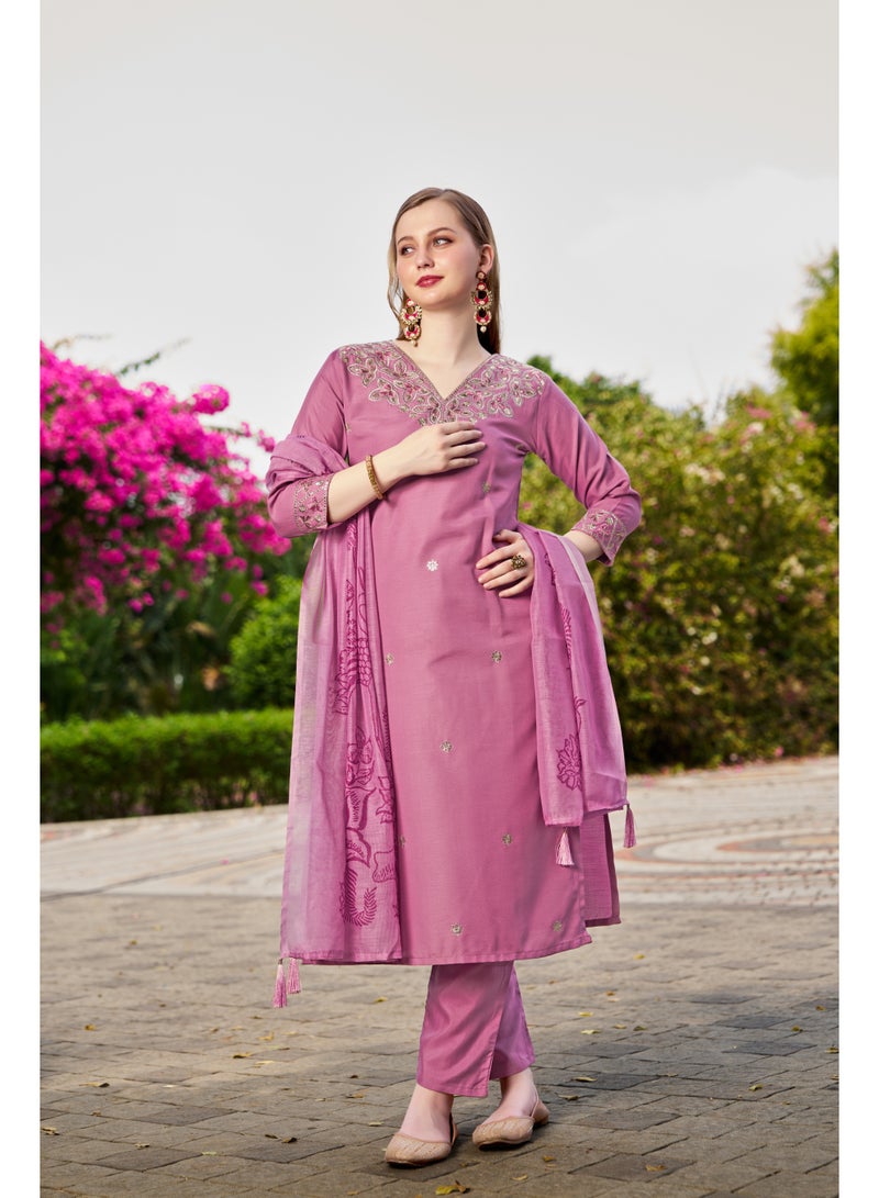 VISHVA CREATION Embroidered Lavender Kurta Suit Set for Women - Image 3