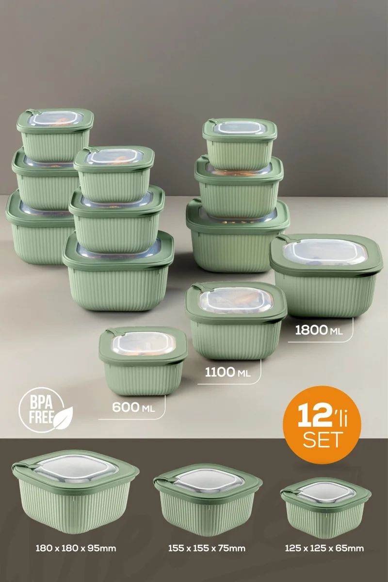 Vienev 12LI 4X(600-1100-1800 Ml) Microwave and Freezer Suitable VIP Covered Special Storage Container Set Green