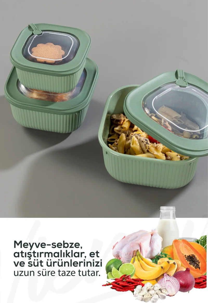 Vienev 12LI 4X(600-1100-1800 Ml) Microwave and Freezer Suitable VIP Covered Special Storage Container Set Green