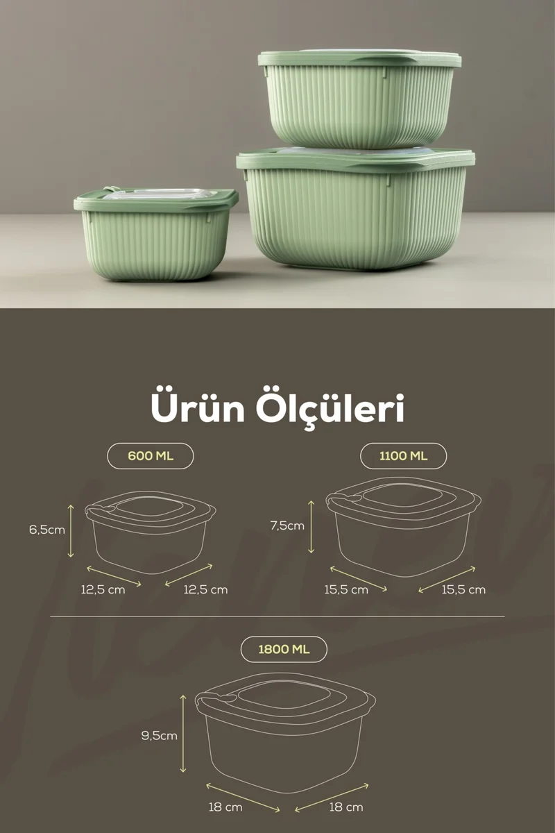 Vienev 12LI 4X(600-1100-1800 Ml) Microwave and Freezer Suitable VIP Covered Special Storage Container Set Green