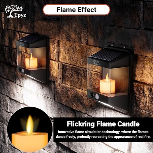Epyz Solar Light Outdoor Garden Waterproof Motion Sensor Lights with Flickering Flame Wall Night Light for Fence Garage Yard Step Stair [ Warm + White Light, Pack of 1 ] - Image 2