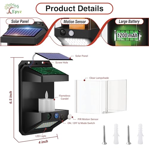 Epyz Solar Light Outdoor Garden Waterproof Motion Sensor Lights with Flickering Flame Wall Night Light for Fence Garage Yard Step Stair [ Warm + White Light, Pack of 1 ] - Image 5