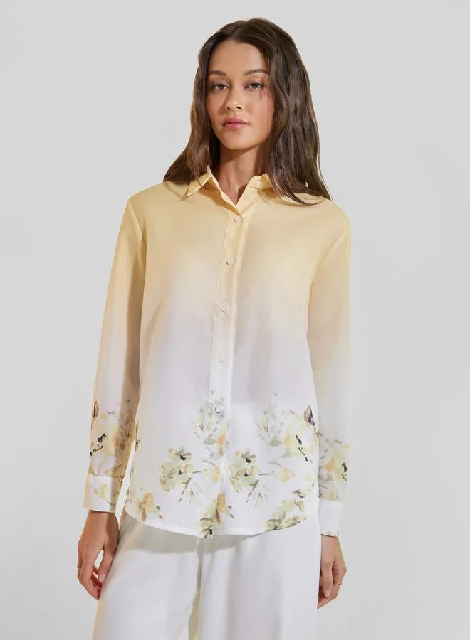 Styli Floral Print Ombre Long Sleeve Oversized Shirt