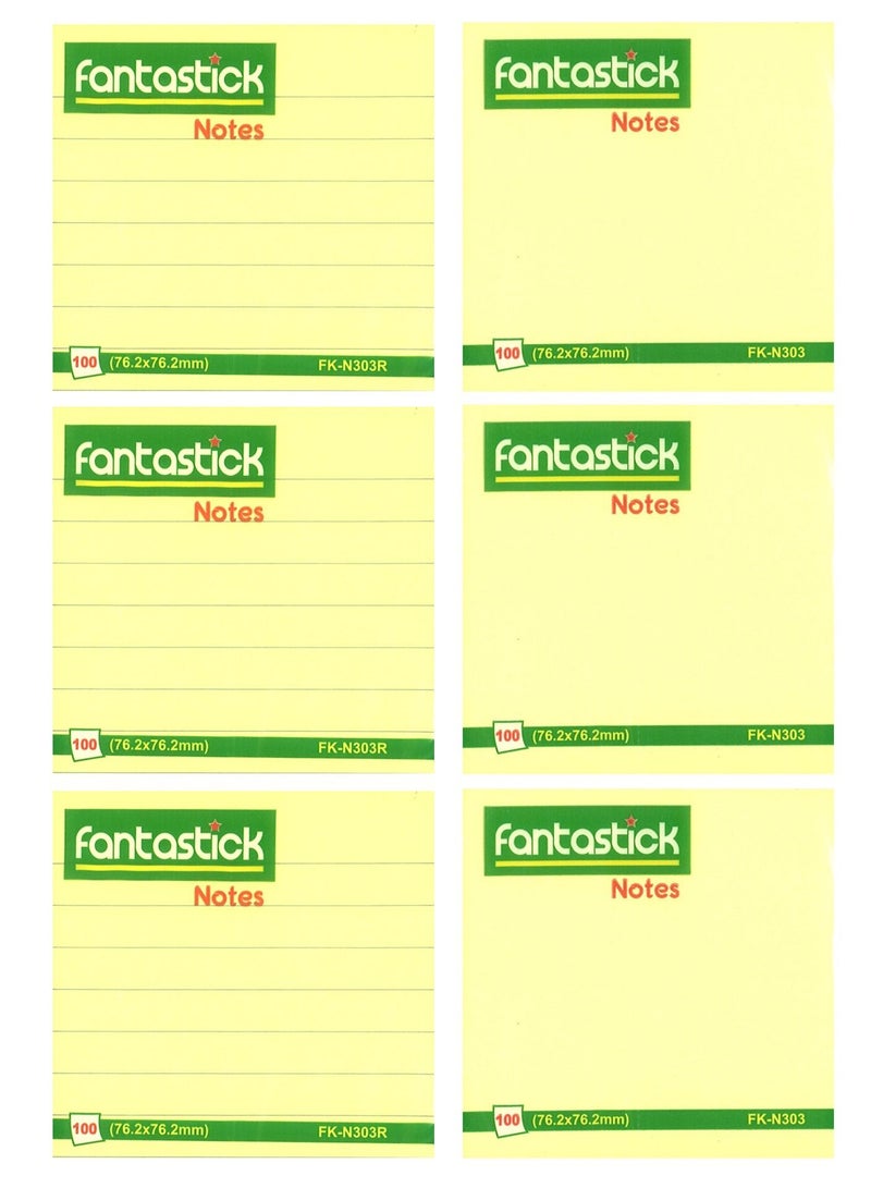 Fantastick 6-Piece Ruled and Plain Sticky Notes 3x3 Inch Size Yellow - Image 1