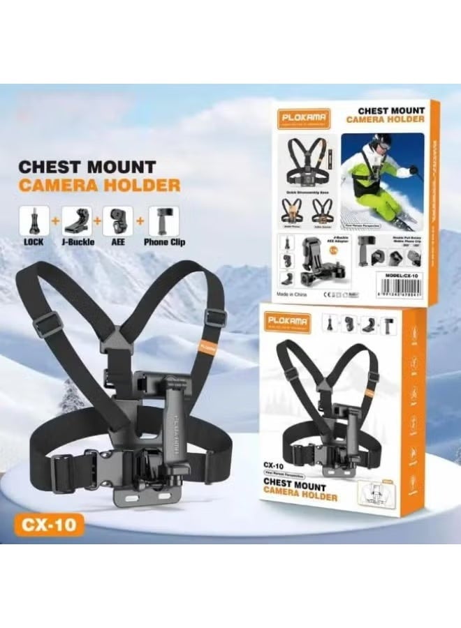حزام تثبيت كاميرا الحركة Plokama CX-10 على الصدر، مناسب لكاميرات GoPro والهواتف - أسود - Image 3