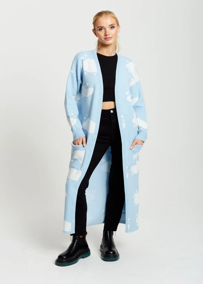 Liquorish Cloud Pattern Longline Cardigan