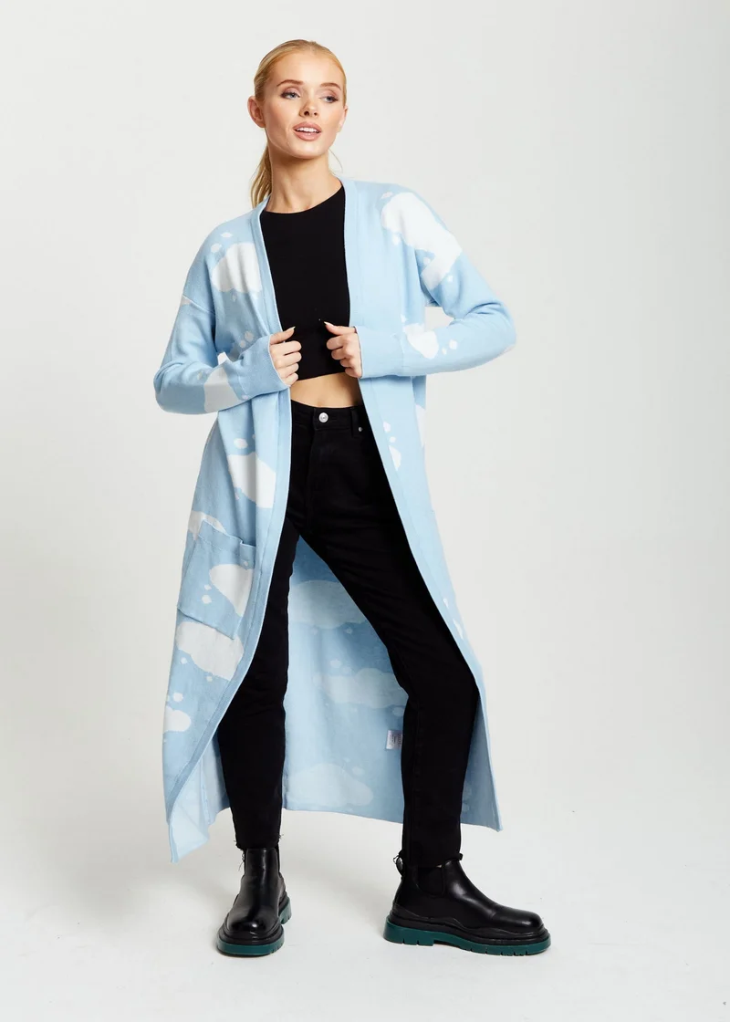Liquorish Cloud Pattern Longline Cardigan