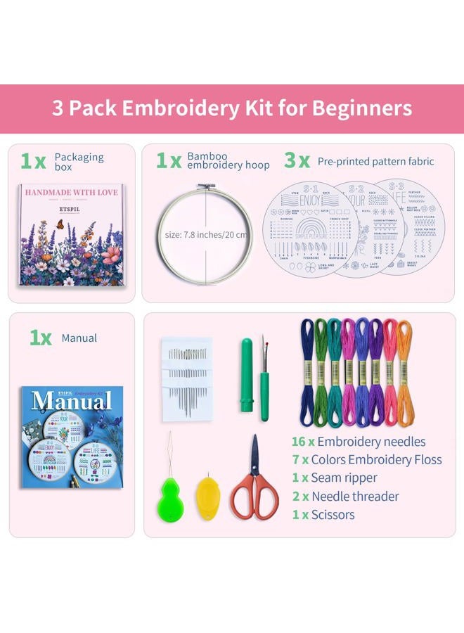 ETSPIL 3 Sets Embroidery kit for Beginners Adults，Learn 33 Different Stitches DIY Kits ，Includes Stamped Flower Pattern, Hoop, Color Threads,Tools,Easy to Follow Instruction & Video… (Simple A) - Image 2