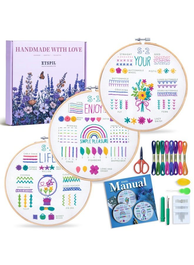 ETSPIL 3 Sets Embroidery kit for Beginners Adults，Learn 33 Different Stitches DIY Kits ，Includes Stamped Flower Pattern, Hoop, Color Threads,Tools,Easy to Follow Instruction & Video… (Simple A) - Image 1