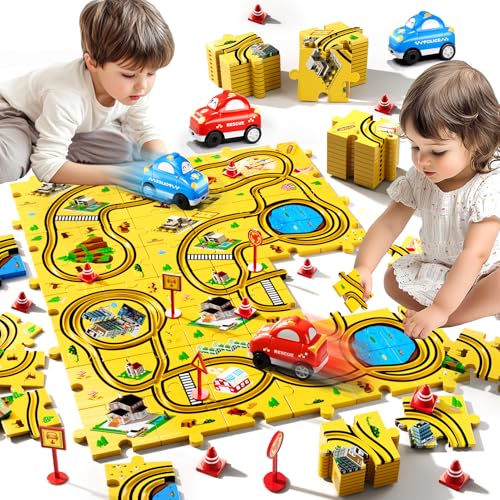 Bennol 56Pcs Puzzle Race Car Track Set Toys for Kids Floor Puzzle Tracks Car Gifts for 3 4 5 Year Old Boys Kids Toys Gifts for 3 4 5 Year Old Boys Puzzle Racer Set for Ages 35 46 - Image 1