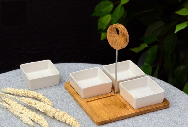 Porcelain Sauce and Appetizer Serving Set with Wooden Base – 4 Chic Serving Plates for Kitchen – Ceramic Snack & Tasali Serving Organizer – Elegant, Modern & Tidy for Hospitality - Image 2