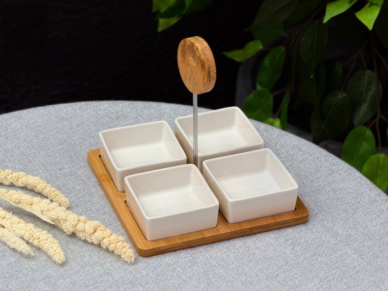 Porcelain Sauce and Appetizer Serving Set with Wooden Base – 4 Chic Serving Plates for Kitchen – Ceramic Snack & Tasali Serving Organizer – Elegant, Modern & Tidy for Hospitality - Image 1