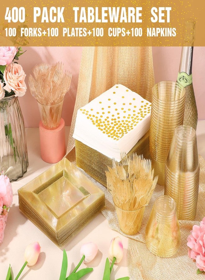 Nosiny 400 Pcs Glitter Dinnerware Set 100 Guests - Square Clear Glitter Plastic Plates Set with Cups Forks Polka Dot Paper Napkins Disposable 6.5 Inch Plates for Wedding Birthday Party(Gold) - Image 5