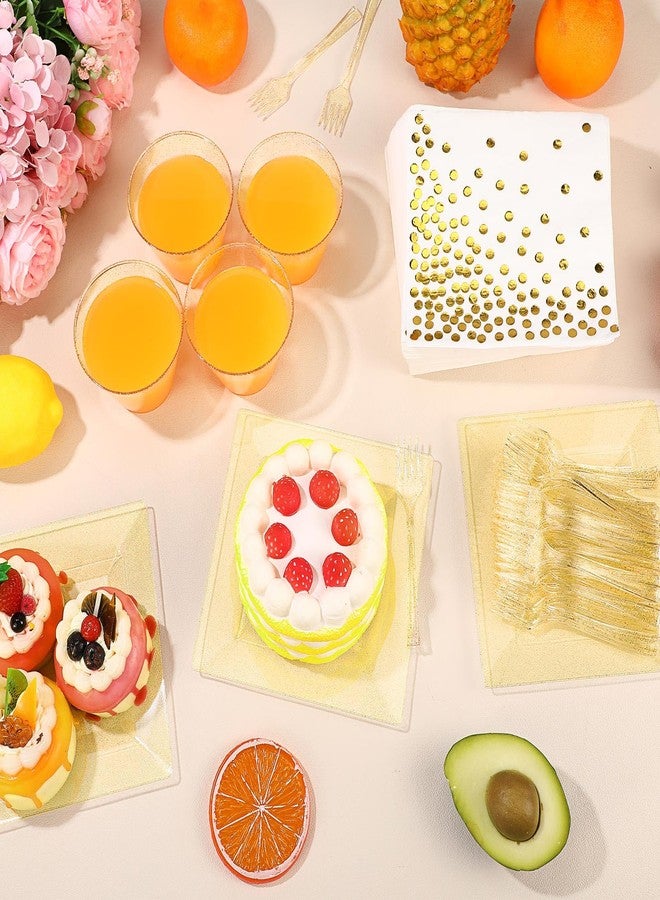 Nosiny 400 Pcs Glitter Dinnerware Set 100 Guests - Square Clear Glitter Plastic Plates Set with Cups Forks Polka Dot Paper Napkins Disposable 6.5 Inch Plates for Wedding Birthday Party(Gold) - Image 4